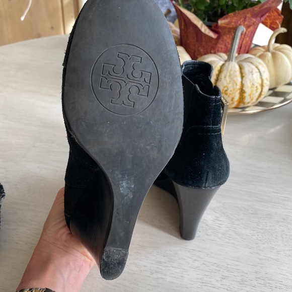 Tory Burch black wedge boots with gold buckle, size 8 1/2. - Picture 5 of 8